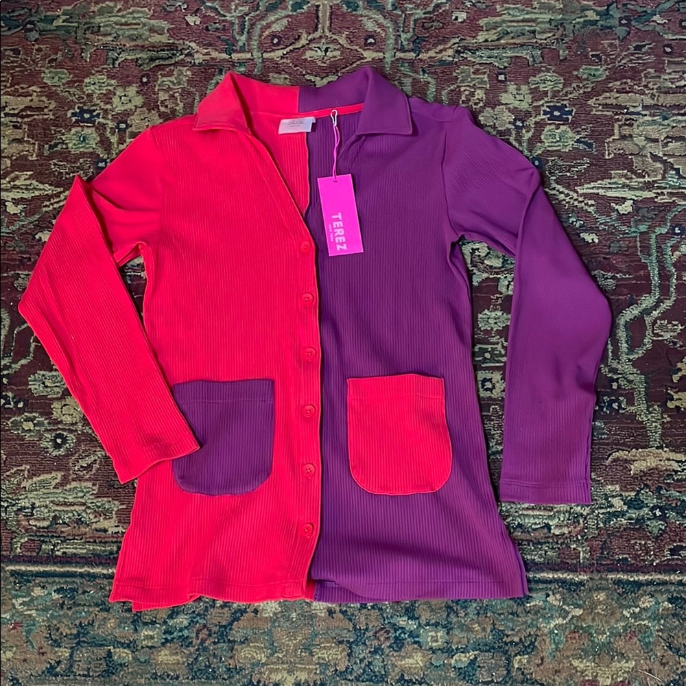 Terez  Terez-Red and Purple Ribbed Button Down  Top